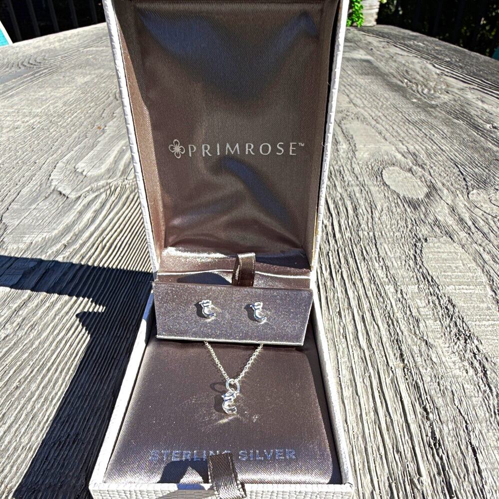 Primrose Sterling Silver Jewelry Set Necklace Pendant & Earrings Set Letter E